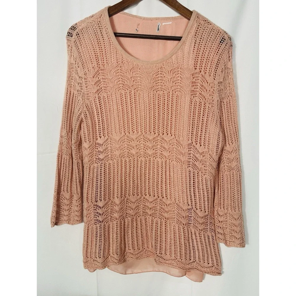 Vintage Womens Open Knit Boho Crochet Sweater Pink Fairy Coquette Asymmetric Y2K